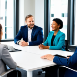 A diverse group of professionals, dressed in modest business attire, are gathered around a modern conference table in a bright, contemporary office. They are actively engaged in a lively and deep-seated discussion, exchanging knowledge and ideas with focused and positive expressions. The scene emphasizes collaborative interaction and the high quality of their conversation. Fully clothed, appropriate attire, perfect anatomy, correct proportions, natural pose, well-formed hands, proper finger count, natural body proportions, professional photography, high quality, safe for work, appropriate content, professional.