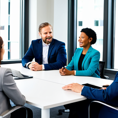 A diverse group of professionals, dressed in modest business attire, are gathered around a modern conference table in a bright, contemporary office. They are actively engaged in a lively and deep-seated discussion, exchanging knowledge and ideas with focused and positive expressions. The scene emphasizes collaborative interaction and the high quality of their conversation. Fully clothed, appropriate attire, perfect anatomy, correct proportions, natural pose, well-formed hands, proper finger count, natural body proportions, professional photography, high quality, safe for work, appropriate content, professional.