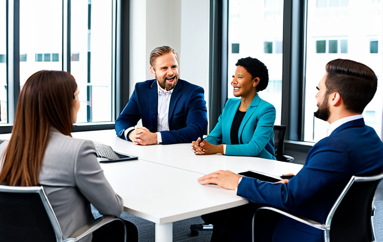 A diverse group of professionals, dressed in modest business attire, are gathered around a modern conference table in a bright, contemporary office. They are actively engaged in a lively and deep-seated discussion, exchanging knowledge and ideas with focused and positive expressions. The scene emphasizes collaborative interaction and the high quality of their conversation. Fully clothed, appropriate attire, perfect anatomy, correct proportions, natural pose, well-formed hands, proper finger count, natural body proportions, professional photography, high quality, safe for work, appropriate content, professional.