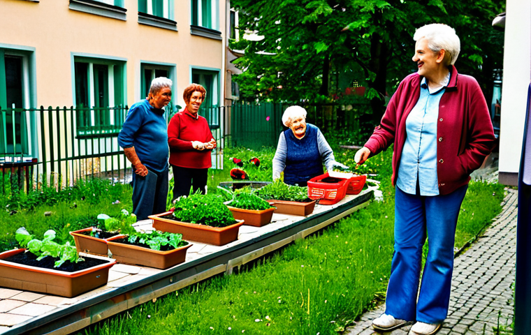 Neighborhood Help in Berlin**

"A cozy scene in a Berlin courtyard. A group of diverse neighbors, fully clothed in practical, everyday attire, are tending to a community garden. One neighbor helps an elderly woman with her plants, while others chat and laugh. Baskets of fresh vegetables are visible. The image conveys a sense of solidarity and neighborly support. Safe for work, appropriate content, fully clothed, professional, modest, family-friendly, perfect anatomy, correct proportions, natural pose, well-formed hands, proper finger count, natural body proportions, warm lighting, high-resolution."

**