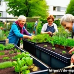 Home 21 마이크로커뮤니티의 차별화 전략 - A cozy urban community garden scene in Berlin during springtime, showing a diverse group of adults a...