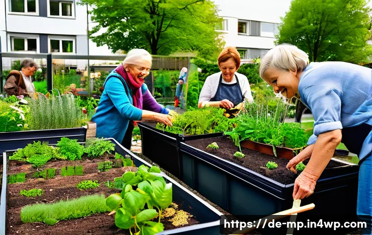 마이크로커뮤니티의 차별화 전략 - A cozy urban community garden scene in Berlin during springtime, showing a diverse group of adults a...