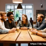 Home 19 마이크로커뮤니티의 콘텐츠 전략 - A small, cozy community meeting in a modern German café setting, featuring a diverse group of adults...