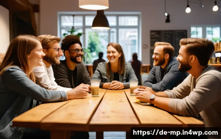 마이크로커뮤니티의 콘텐츠 전략 - A small, cozy community meeting in a modern German caf&eacute; setting, featuring a diverse group of adults...